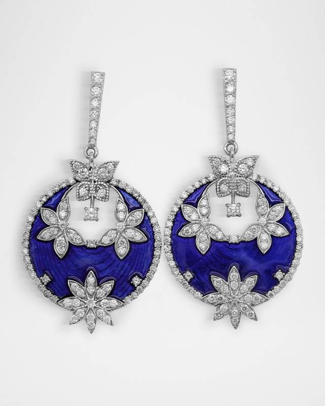 18K White Gold Navy Blue Enameled Earrings with Diamonds